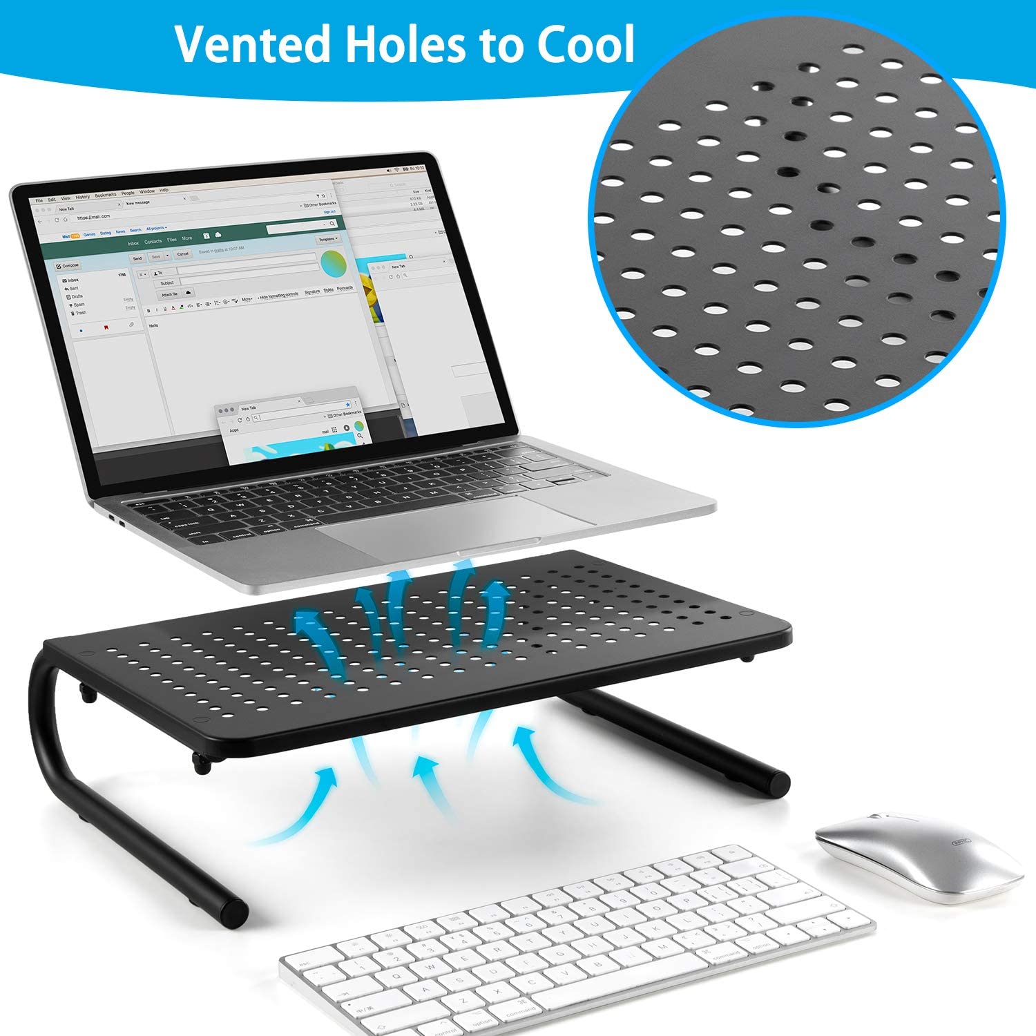 LORYERGO Monitor Stand Riser - Metal Monitor Stand with Vented Holes, Desktop Computer Monitor Riser for Storage Organization, 14.5 inch Screen Riser for Computer, Laptop & Printer